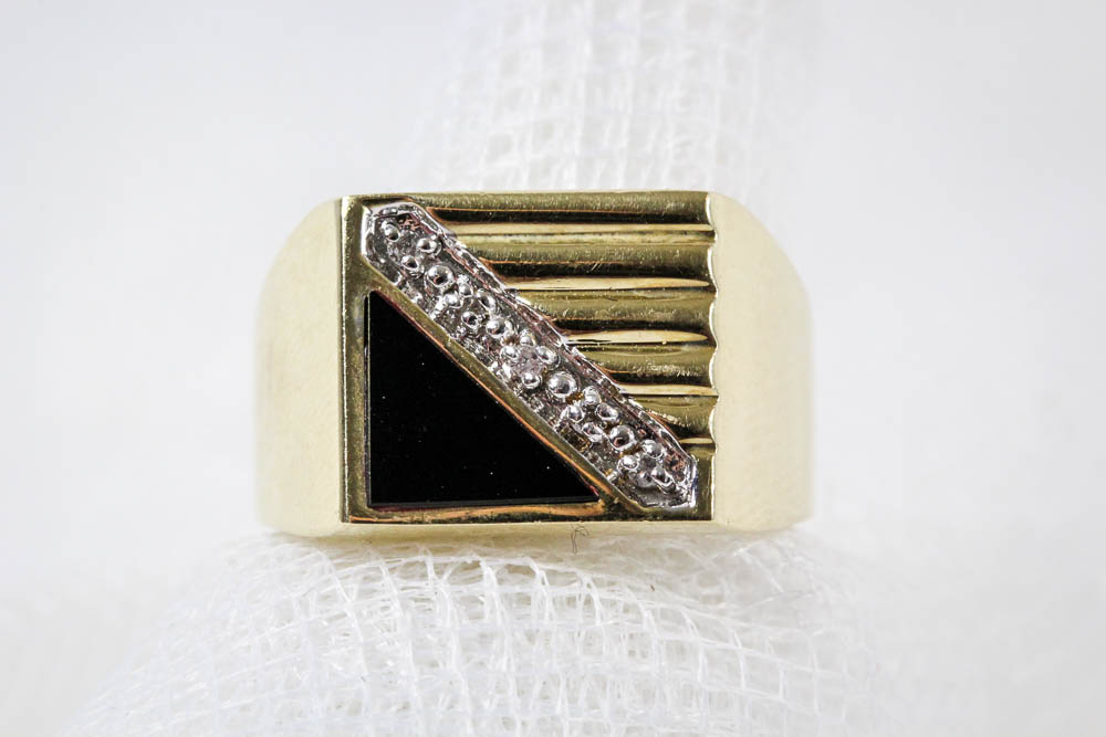 10K Yellow Gold Black Onyx and Diamond Ring