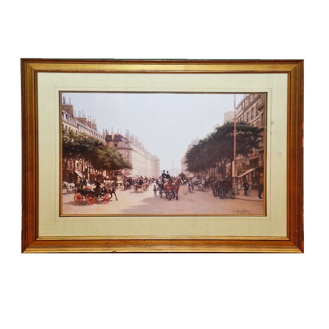 Signed and Framed Reprint of a City Street After E. Grandjean From 1892