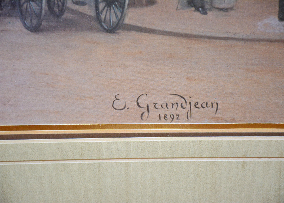 Signed and Framed Reprint of a City Street After E. Grandjean From 1892