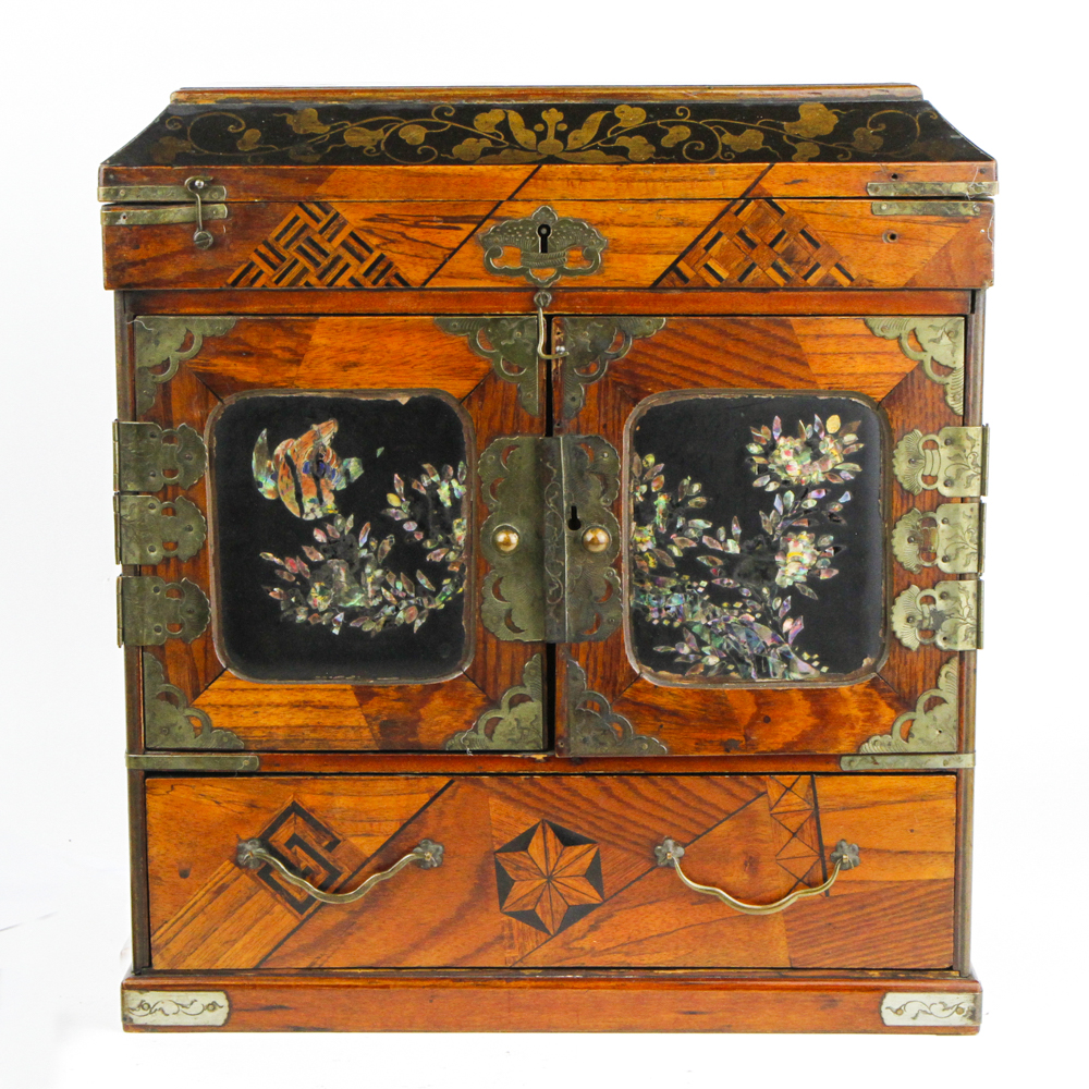 Japanese Wooden Jewelry Box with Marquetry and Inlay