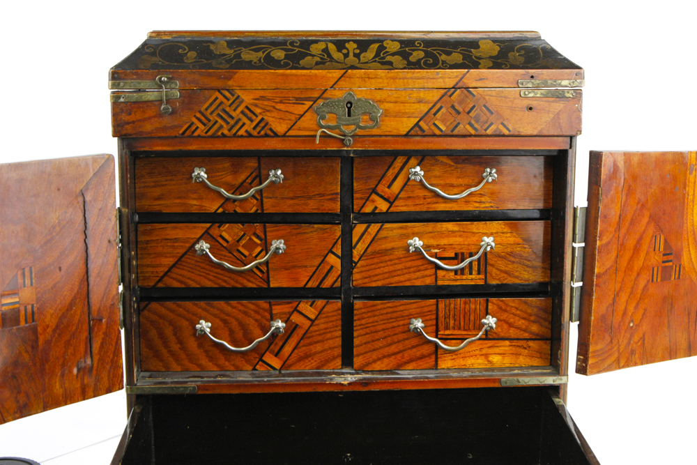 Japanese Wooden Jewelry Box with Marquetry and Inlay