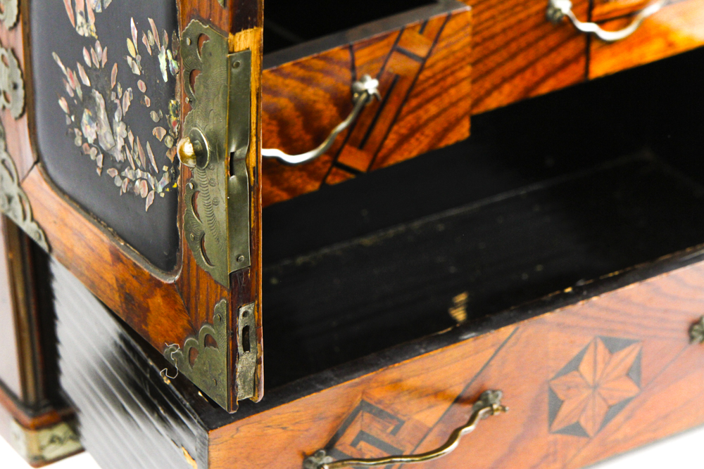 Japanese Wooden Jewelry Box with Marquetry and Inlay