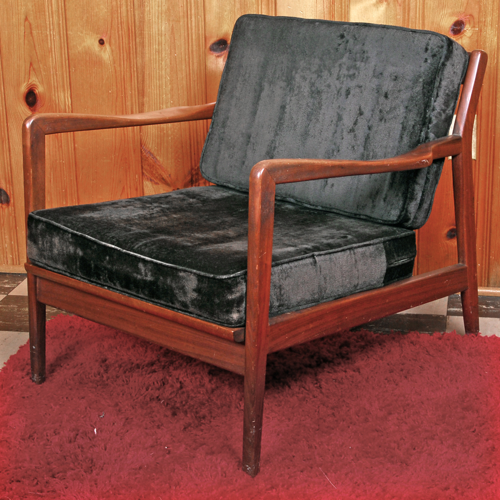 Mid-Century Modern Wood Armchair with Velvet Cushions