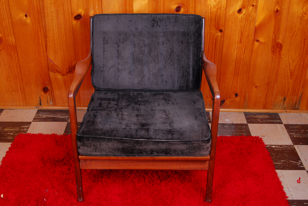 Mid-Century Modern Wood Armchair with Velvet Cushions