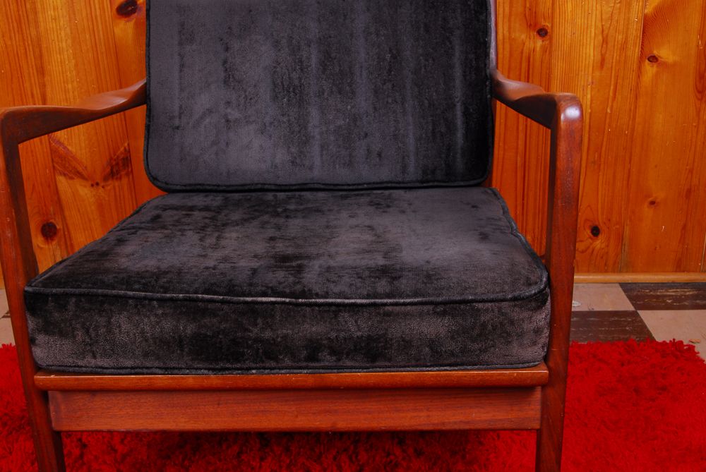 Mid-Century Modern Wood Armchair with Velvet Cushions