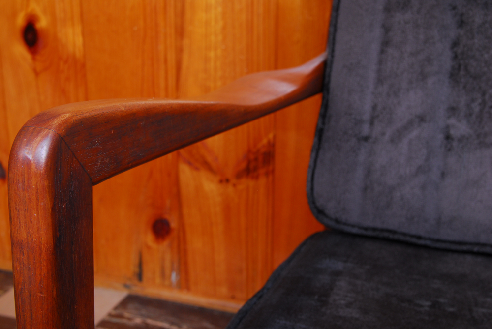 Mid-Century Modern Wood Armchair with Velvet Cushions