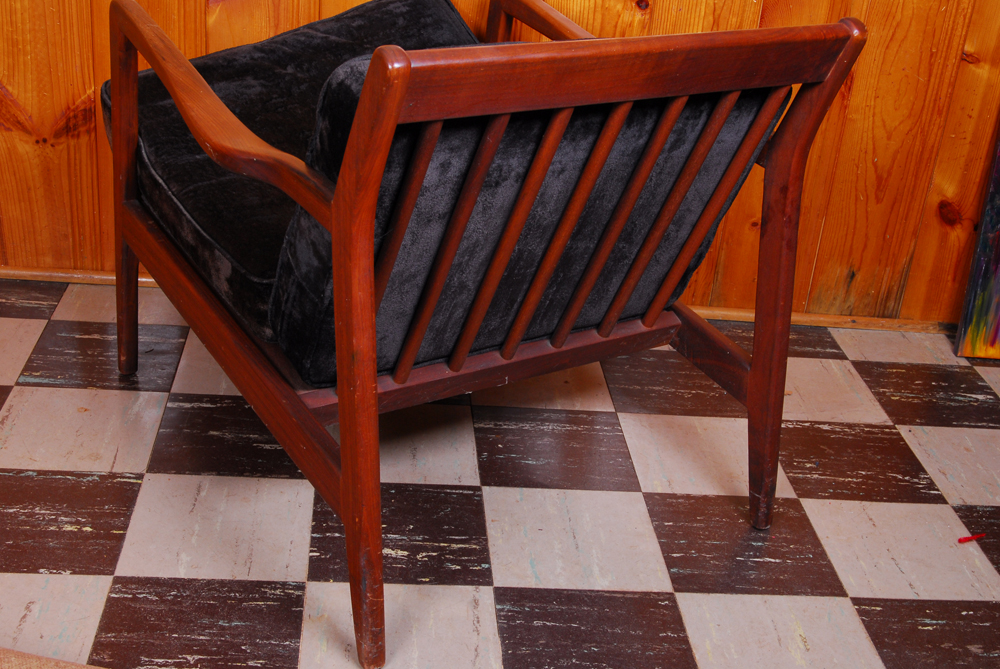 Mid-Century Modern Wood Armchair with Velvet Cushions