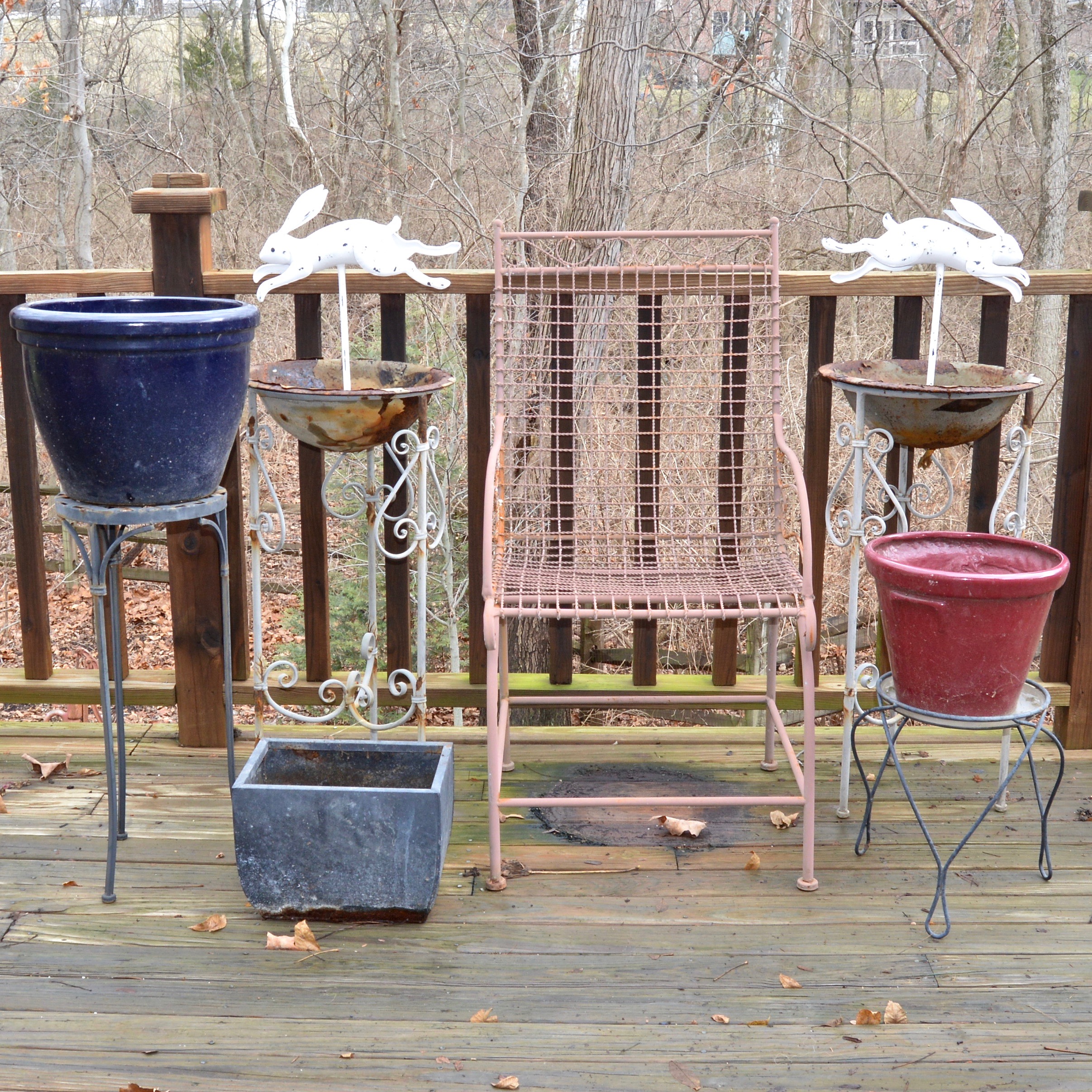 Wrought Iron Outdoor Decor Assortment and Chair