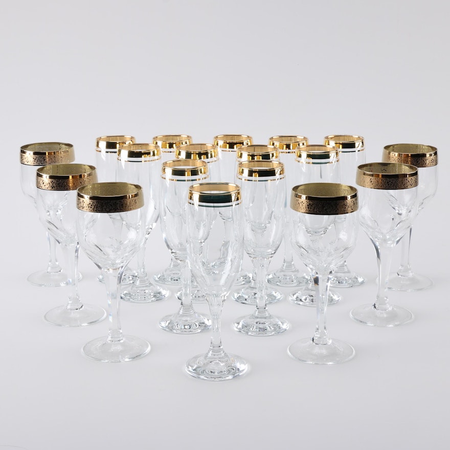 Gold Tone Trimmed Crystal Stemware