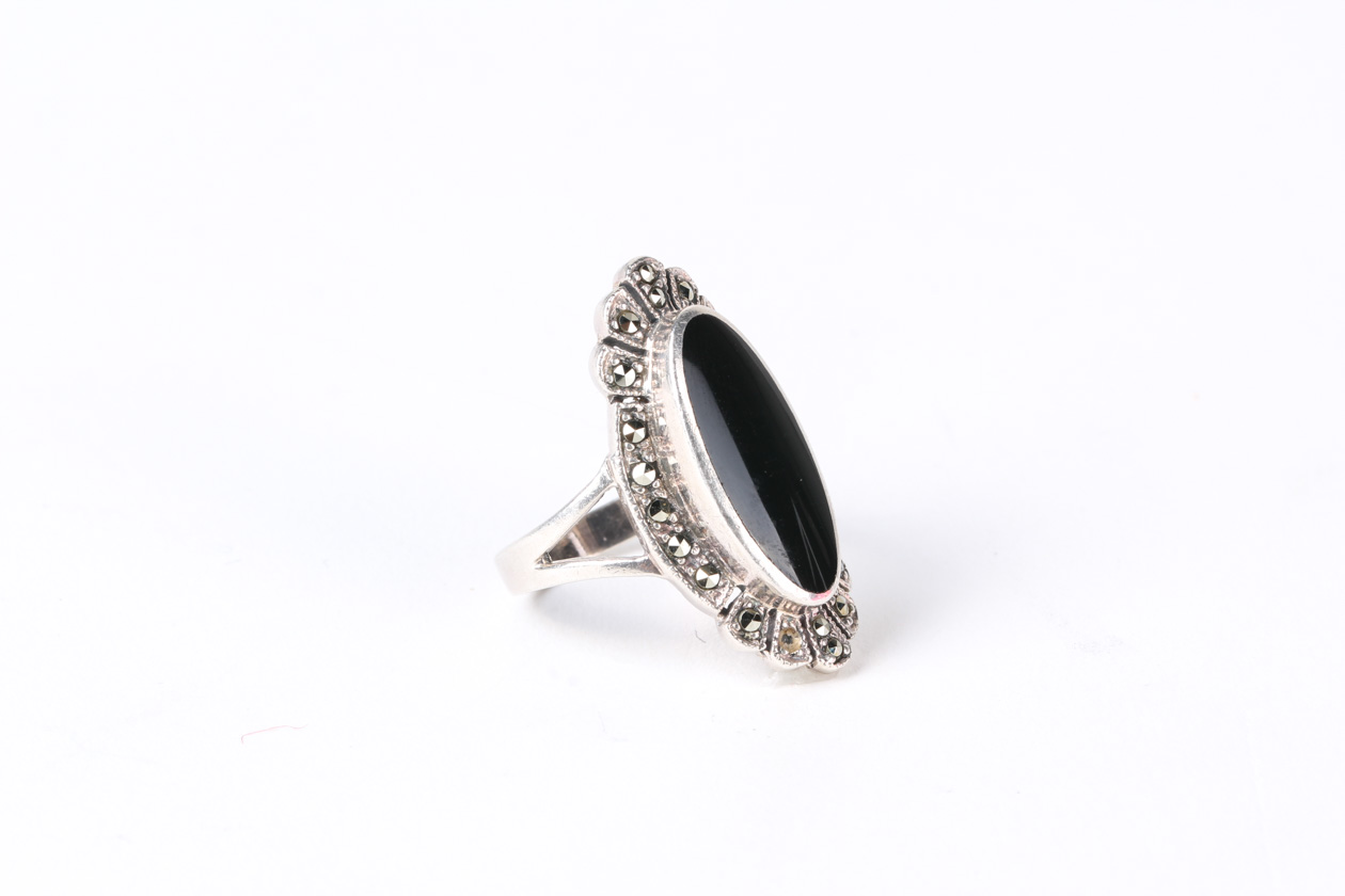 Deco Style Sterling Silver, Onyx, and Marcasite Navette Ring
