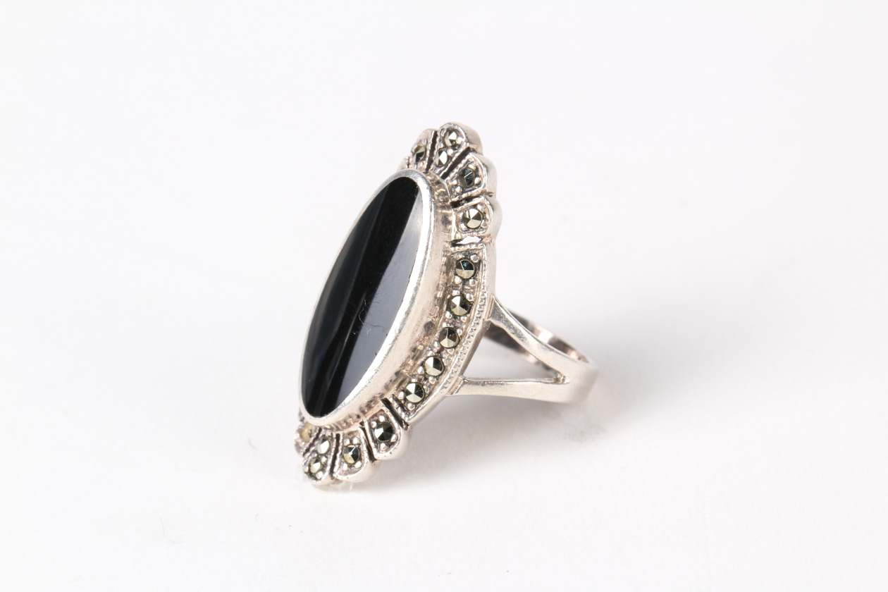 Deco Style Sterling Silver, Onyx, and Marcasite Navette Ring