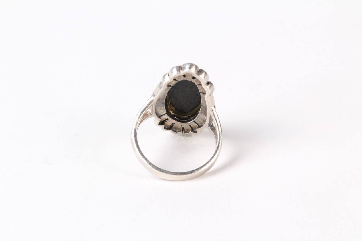 Deco Style Sterling Silver, Onyx, and Marcasite Navette Ring