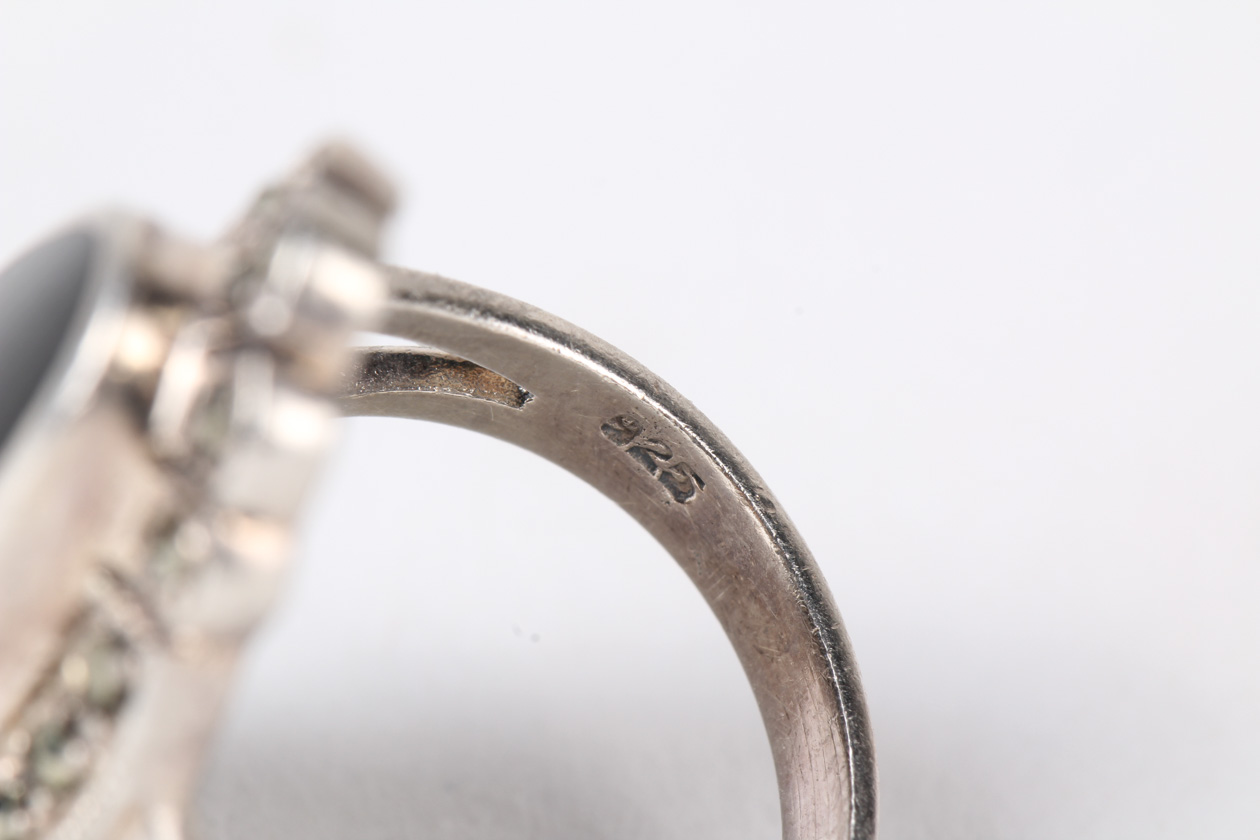 Deco Style Sterling Silver, Onyx, and Marcasite Navette Ring