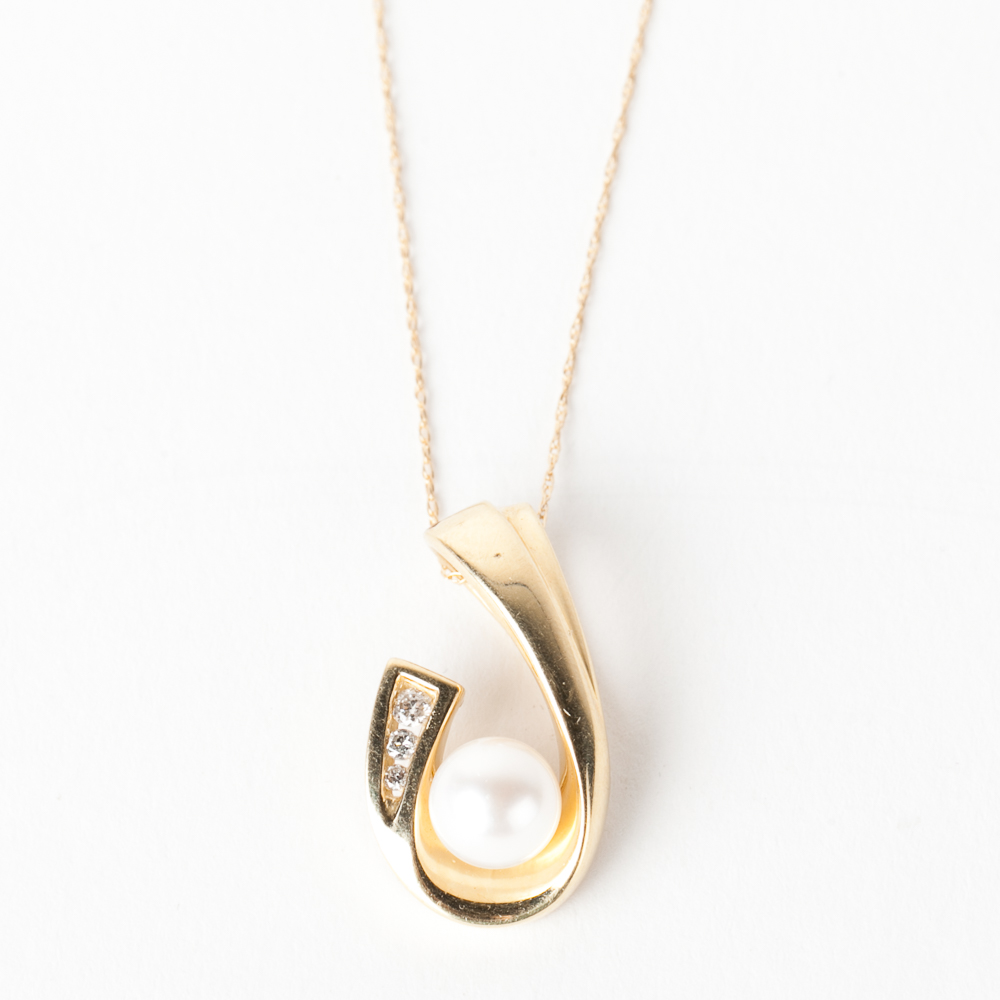 14K Yellow Gold, Cultured Pearl, and Diamond Drop Pendant Necklace