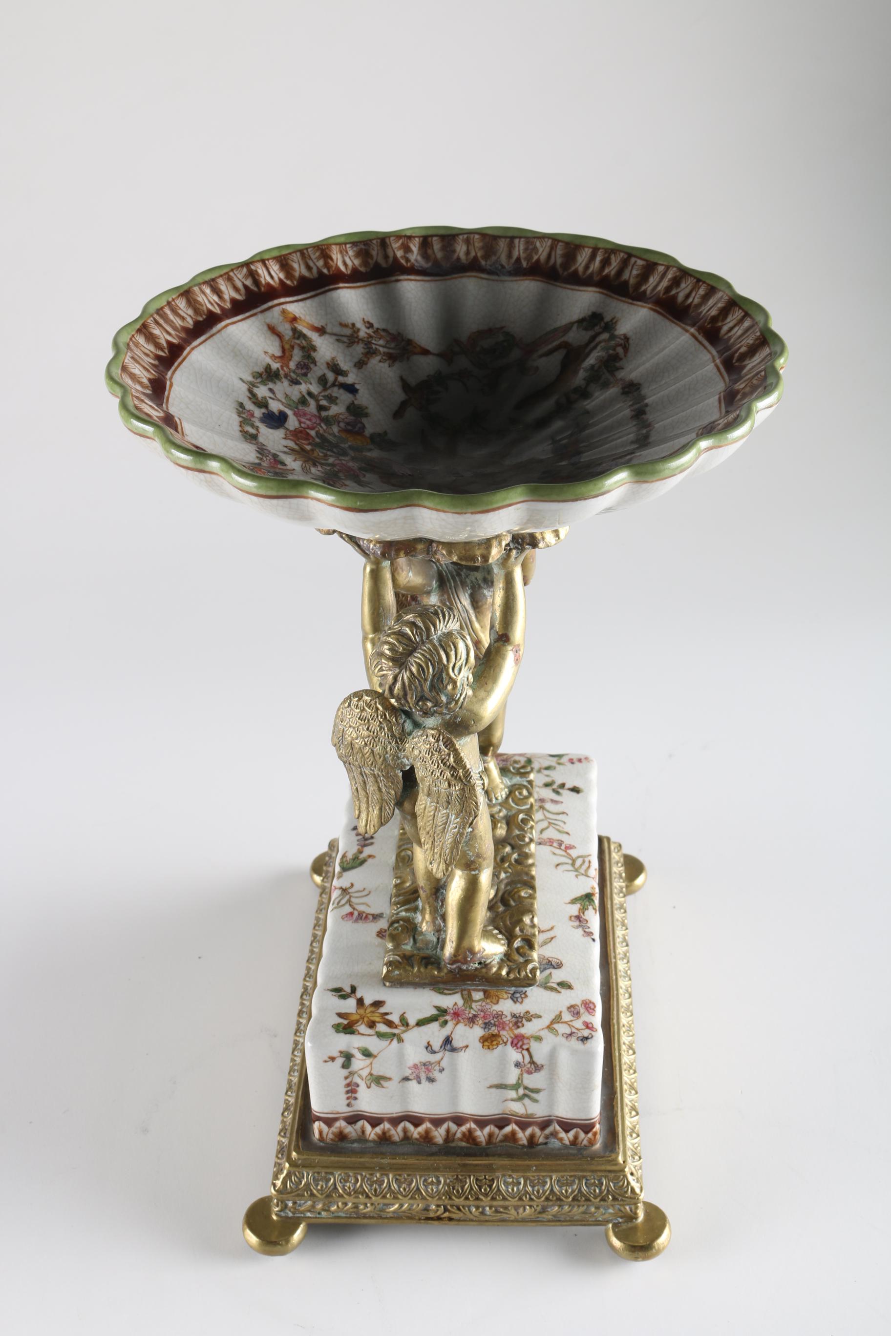 William Lowe Ceramic and Brass Cherub Tray