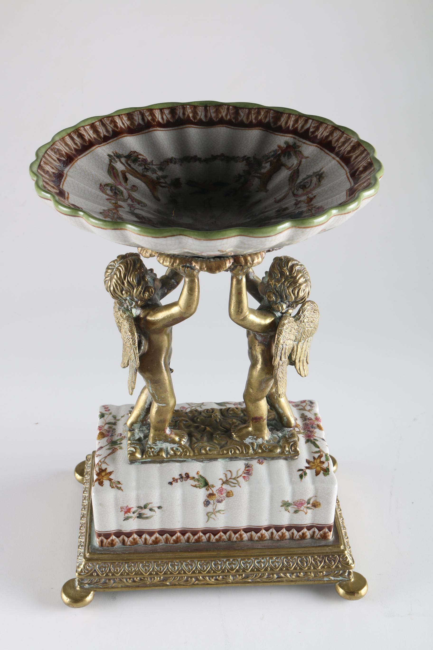 William Lowe Ceramic and Brass Cherub Tray