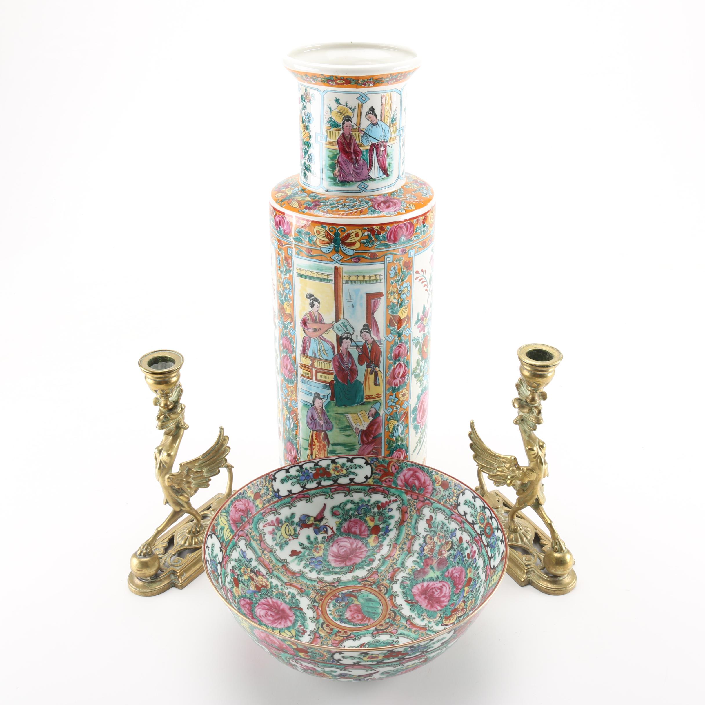 Chinese Vase, Bowl and Brass Candlesticks