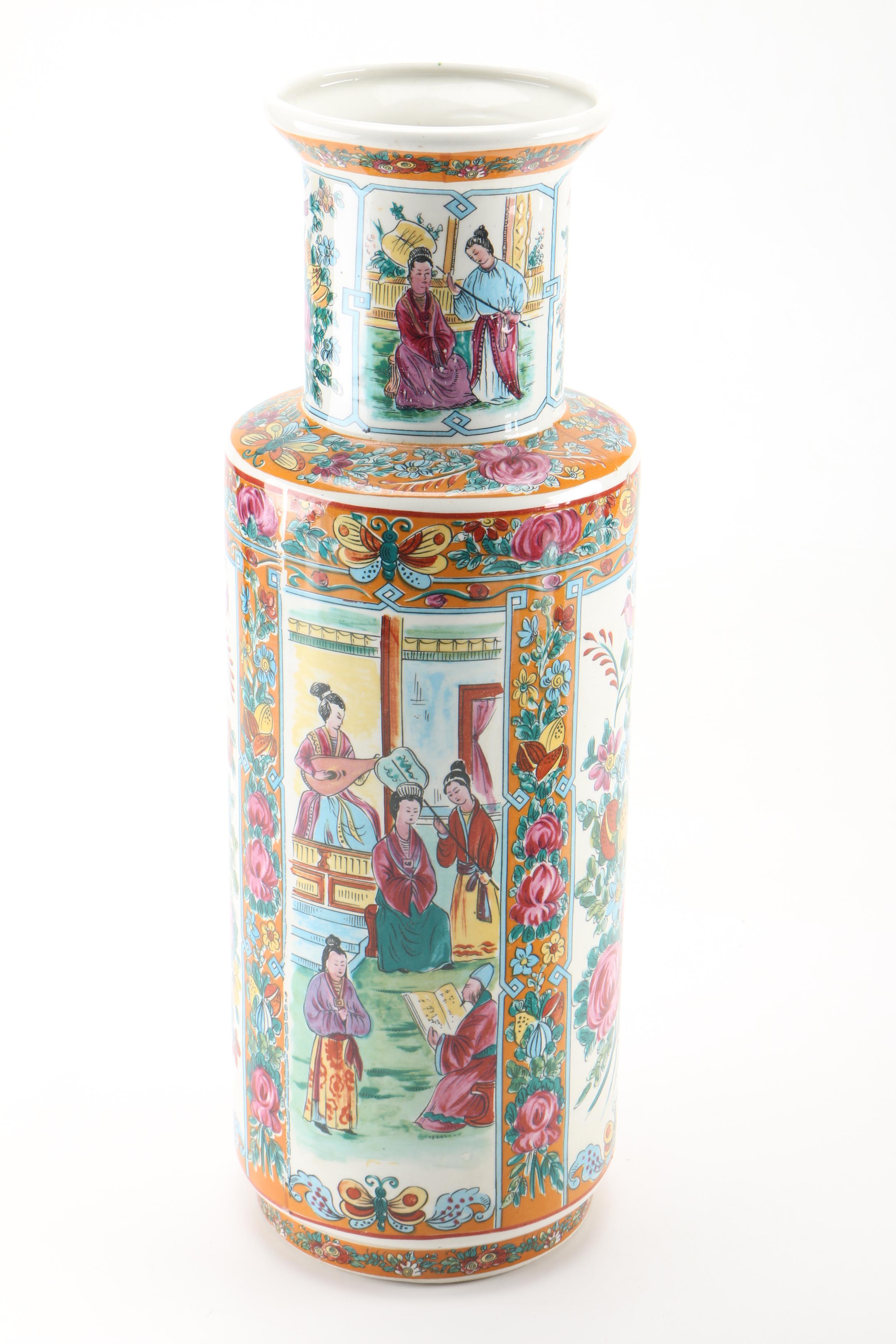 Chinese Vase, Bowl and Brass Candlesticks