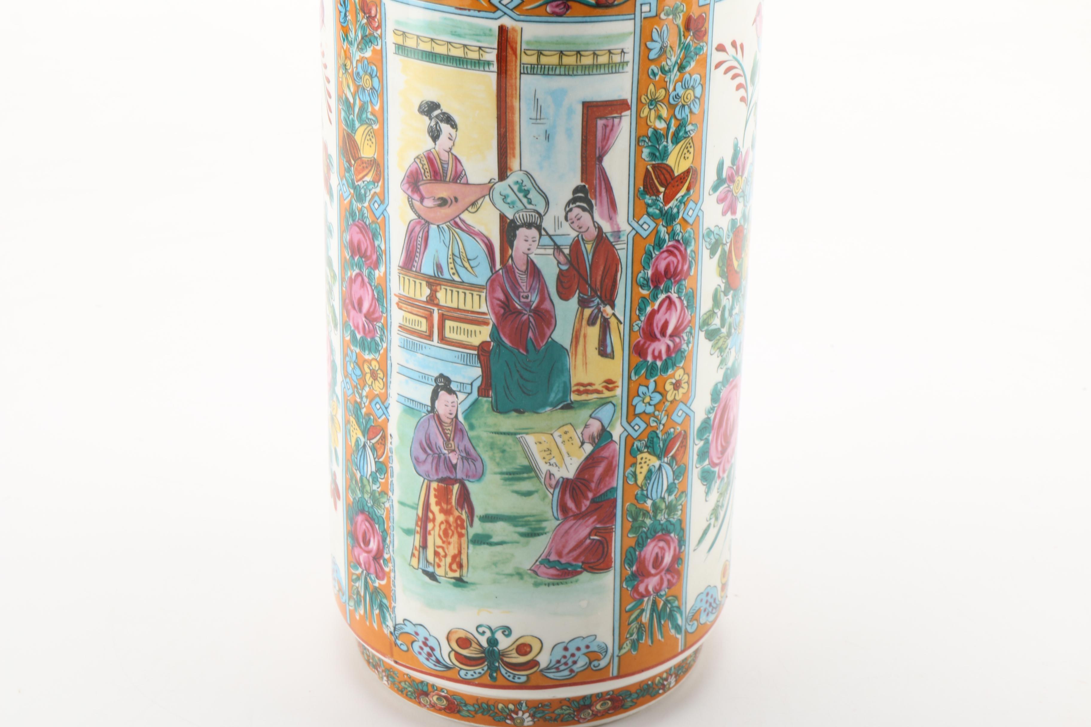 Chinese Vase, Bowl and Brass Candlesticks