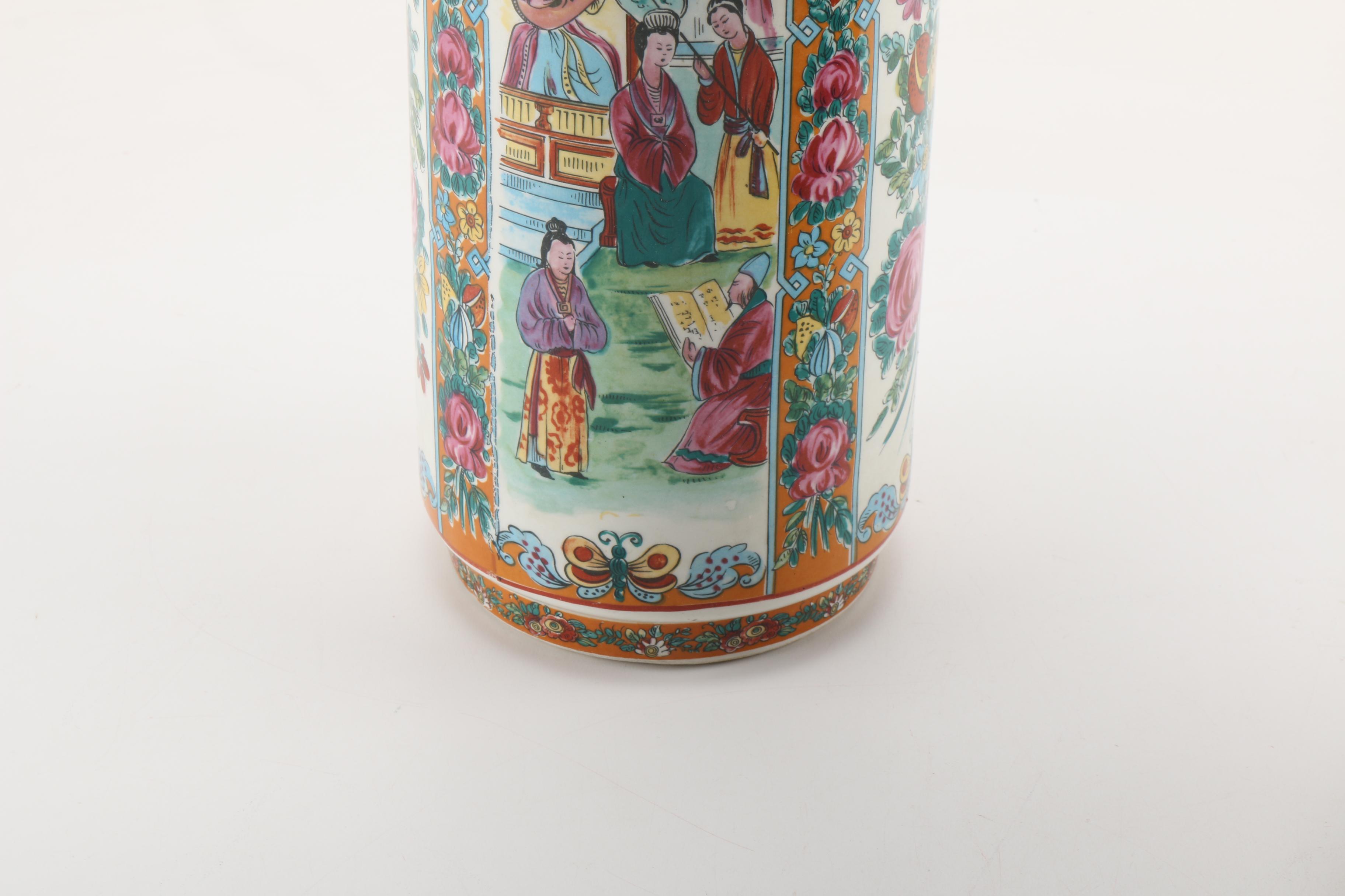 Chinese Vase, Bowl and Brass Candlesticks