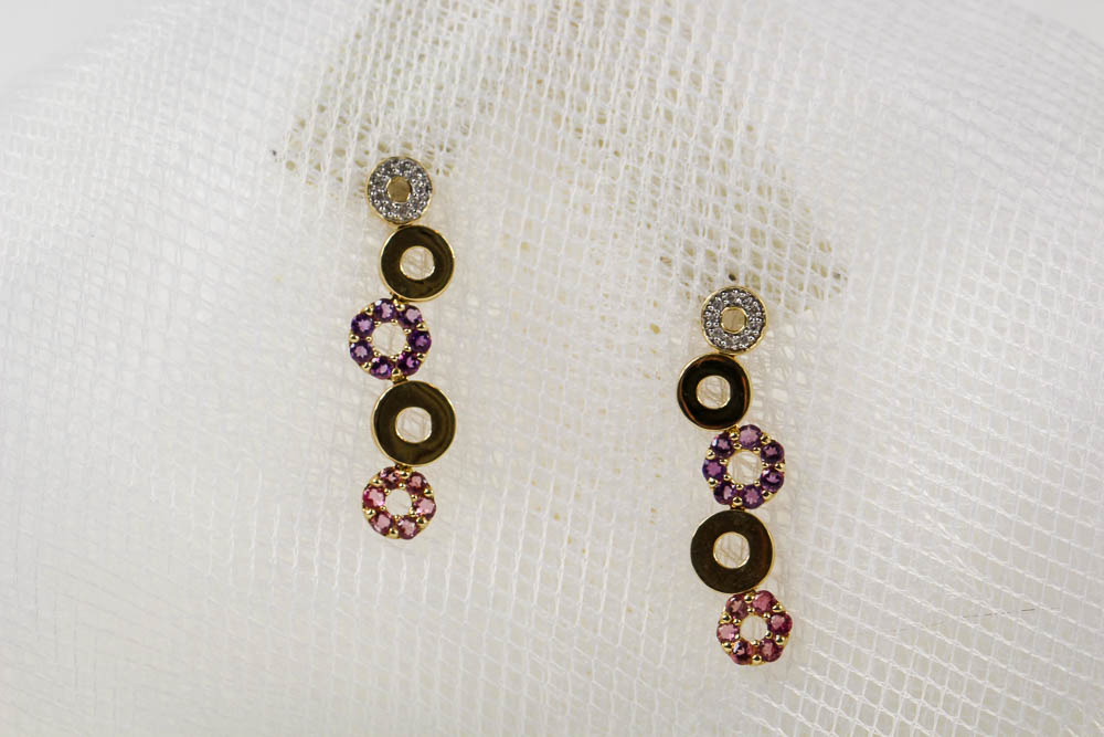 14K Yellow Gold Pink Tourmaline, Diamond, and Amethyst Earrings