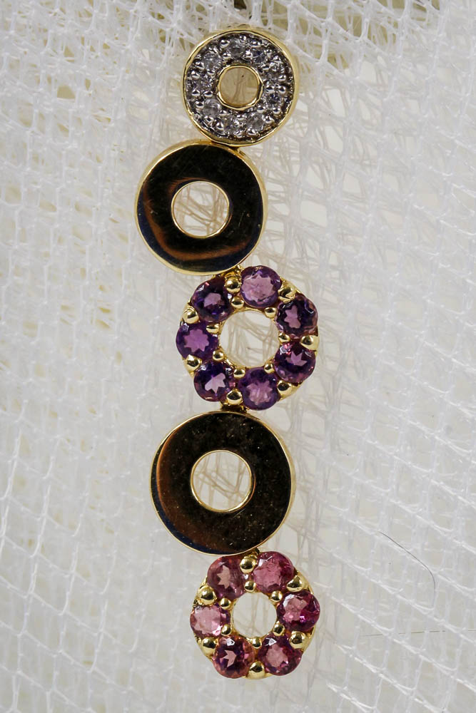 14K Yellow Gold Pink Tourmaline, Diamond, and Amethyst Earrings