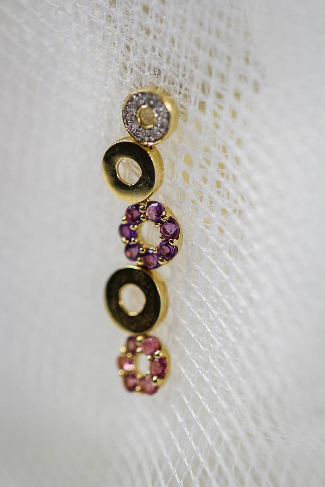 14K Yellow Gold Pink Tourmaline, Diamond, and Amethyst Earrings