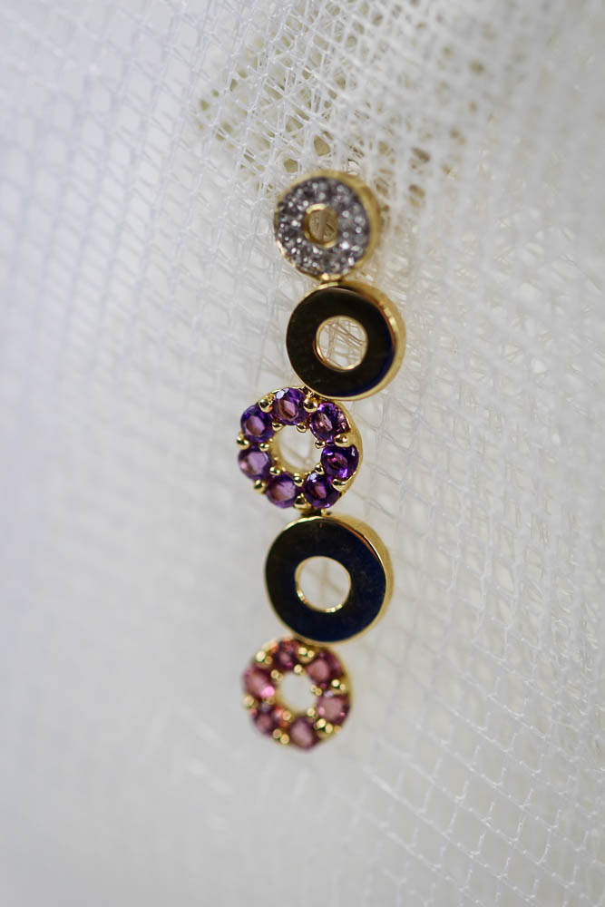 14K Yellow Gold Pink Tourmaline, Diamond, and Amethyst Earrings