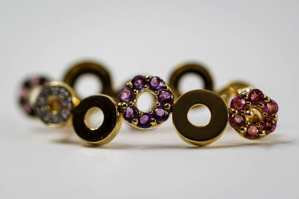 14K Yellow Gold Pink Tourmaline, Diamond, and Amethyst Earrings