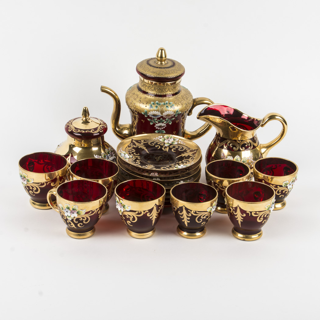 Gold-tone and Italian Murano Red Glass Tea Set