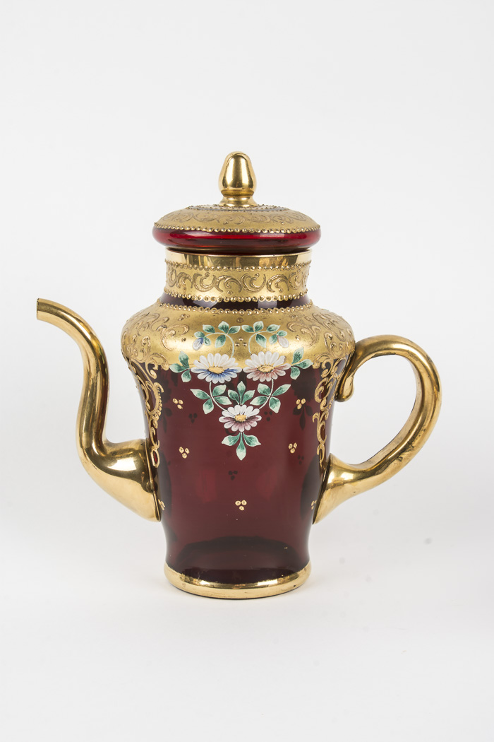 Gold-tone and Italian Murano Red Glass Tea Set