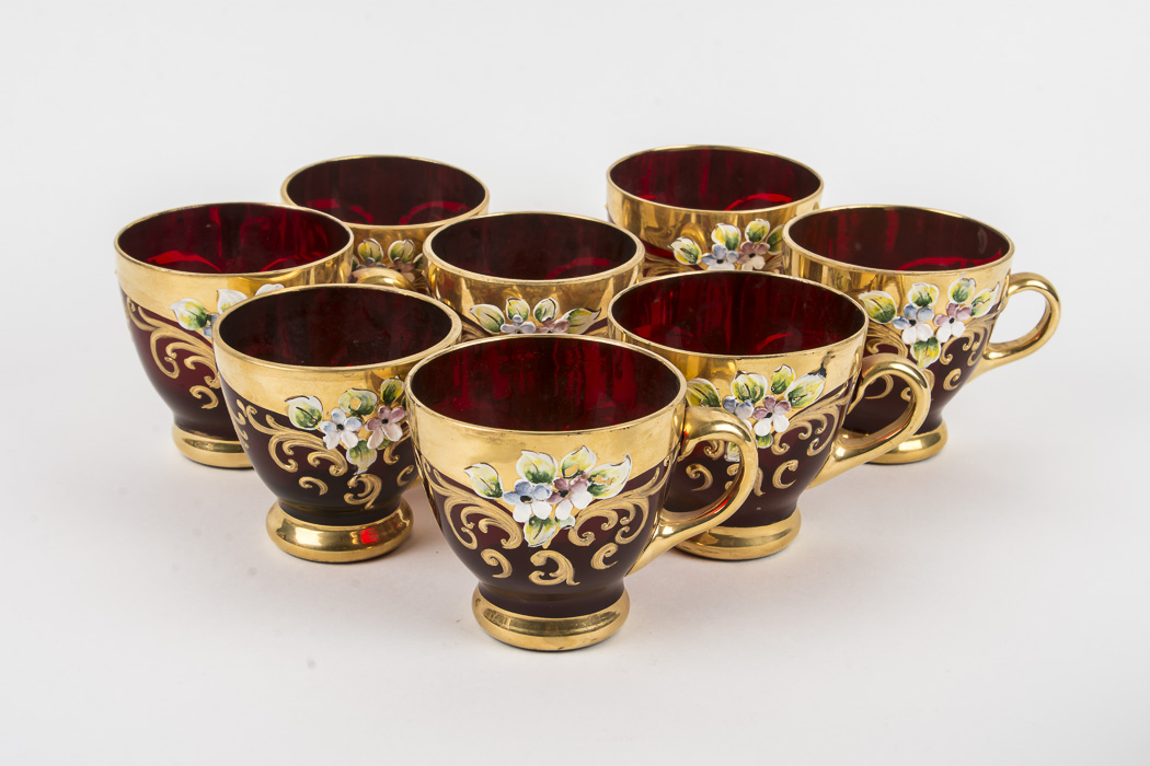 Gold-tone and Italian Murano Red Glass Tea Set