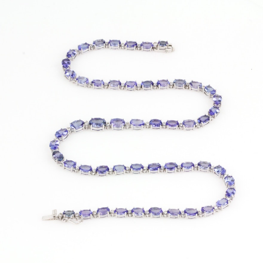 14K White Gold, Tanzanite, and 1.00 CTW Diamond Tennis Necklace