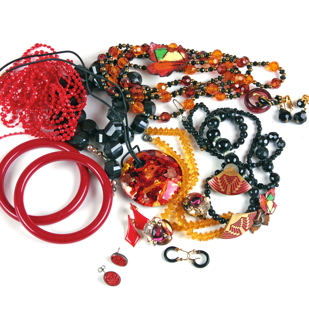 Laurel Burch Earrings, Murano Glass Necklace and Black and Red Jewelry