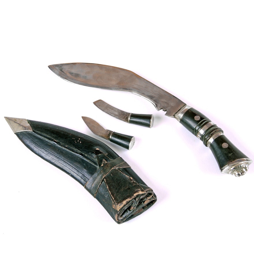 Indian Kukri Knife with Karda and Chakmak in Leather Sheath