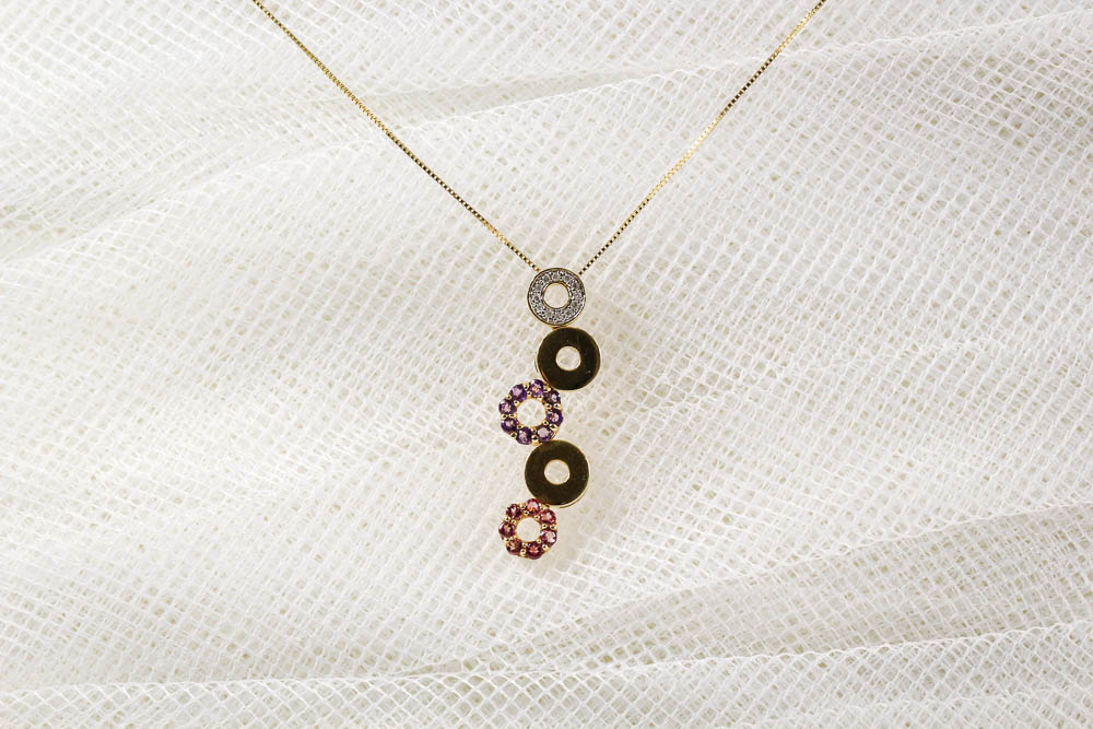 14K Yellow Gold Pink Tourmaline, Diamond, and Amethyst Pendant Necklace