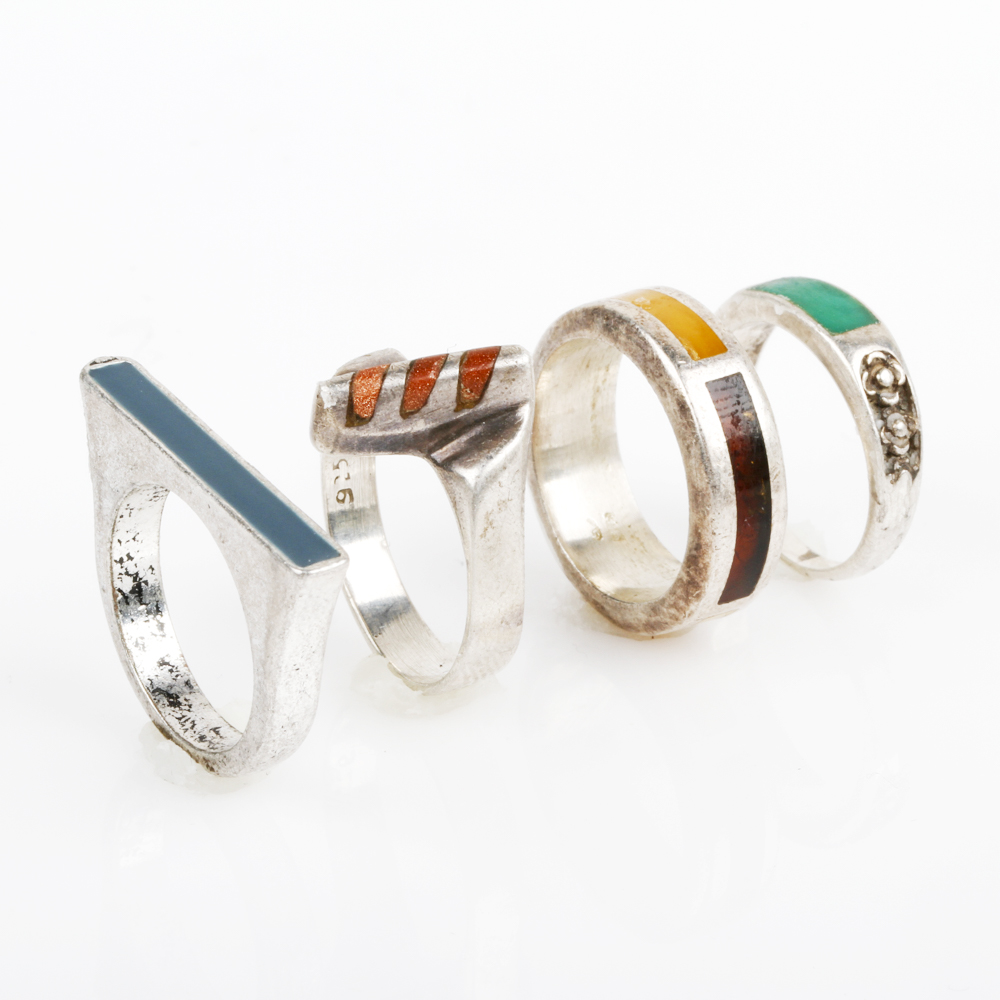 Collection of Inlaid Sterling Silver Rings