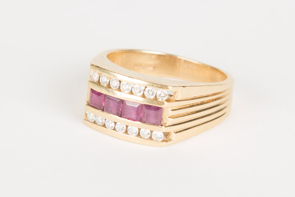 14K Gold Diamond And Ruby Mens Ring