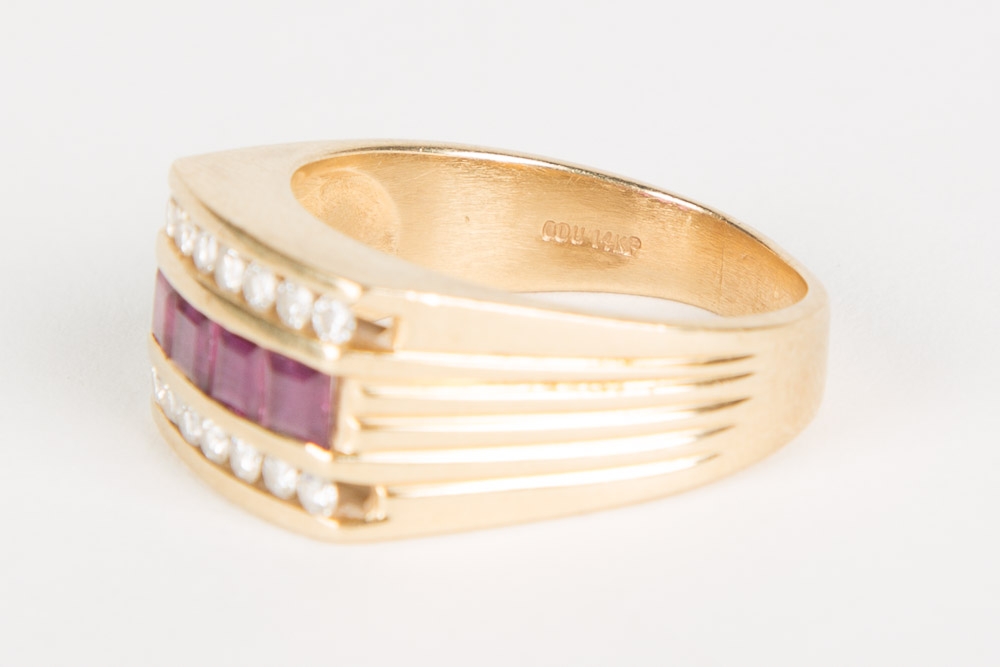 14K Gold Diamond And Ruby Mens Ring