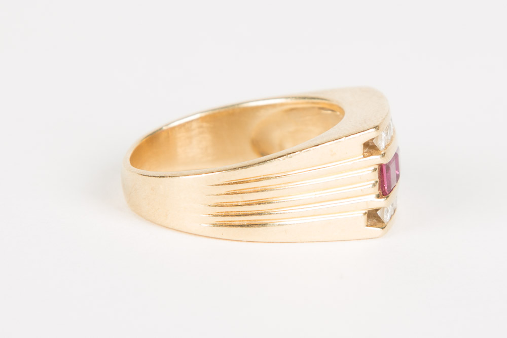 14K Gold Diamond And Ruby Mens Ring