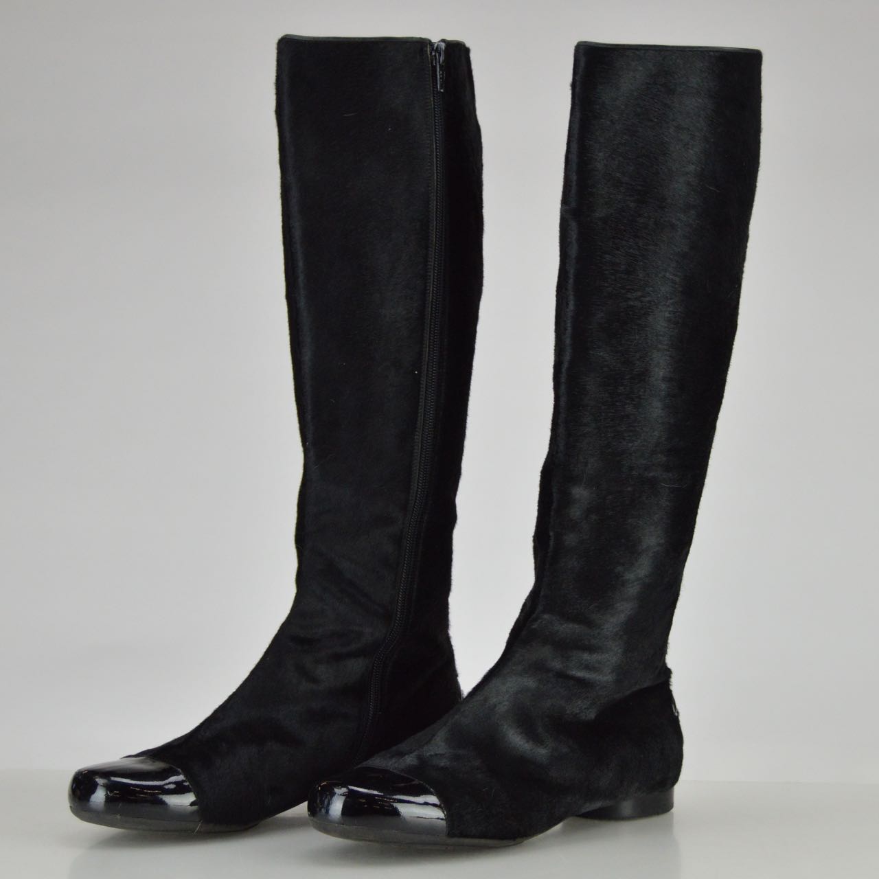 Chanel Black Pony Hair Boots with Patent Leather Cap Toes