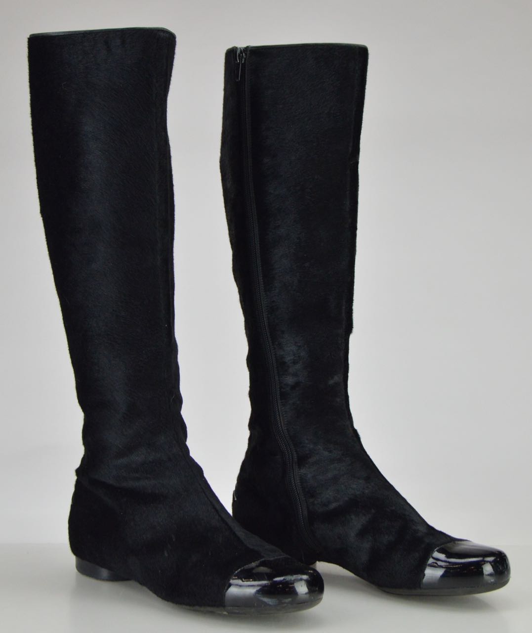 Chanel Black Pony Hair Boots with Patent Leather Cap Toes