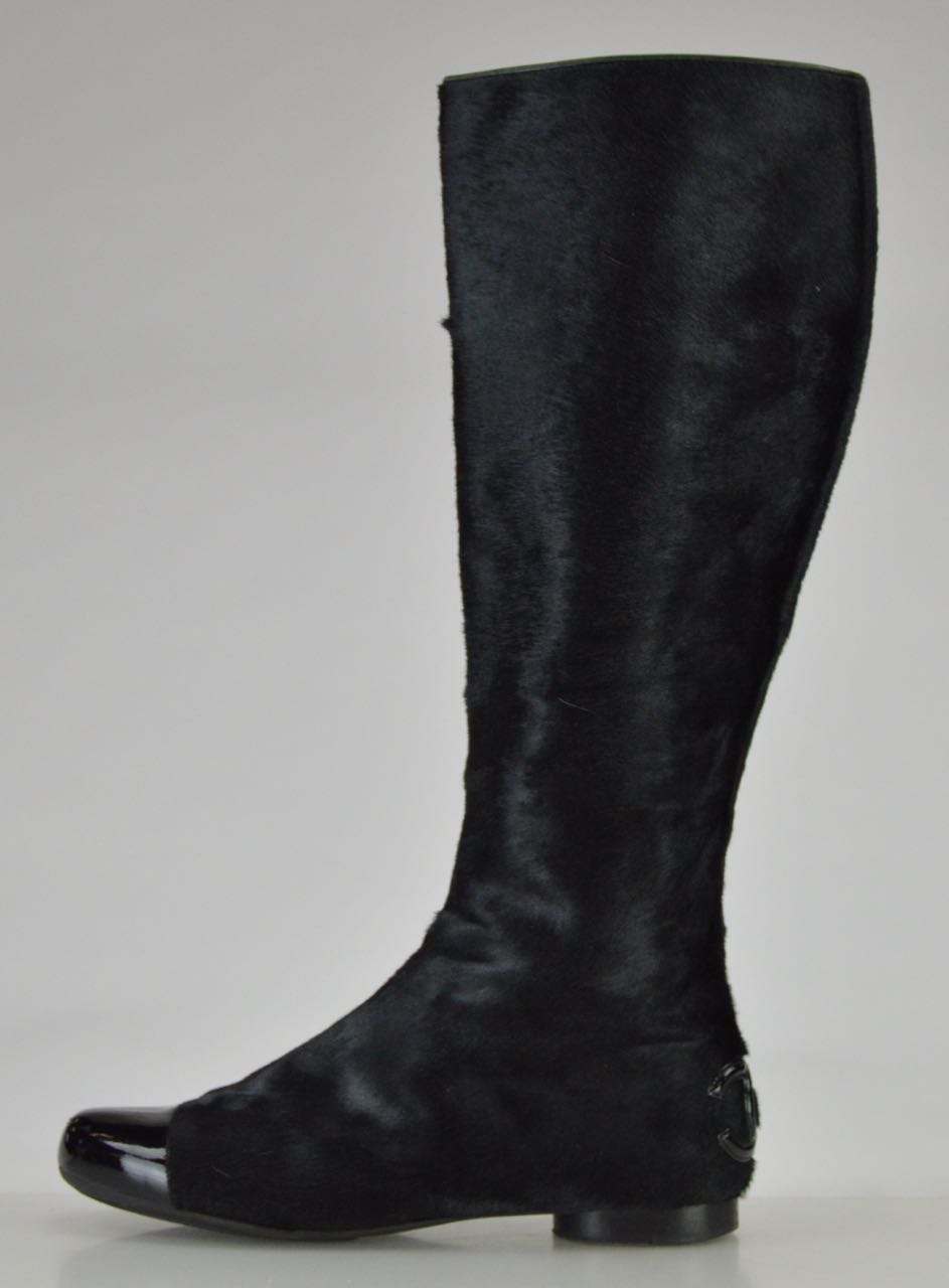 Chanel Black Pony Hair Boots with Patent Leather Cap Toes