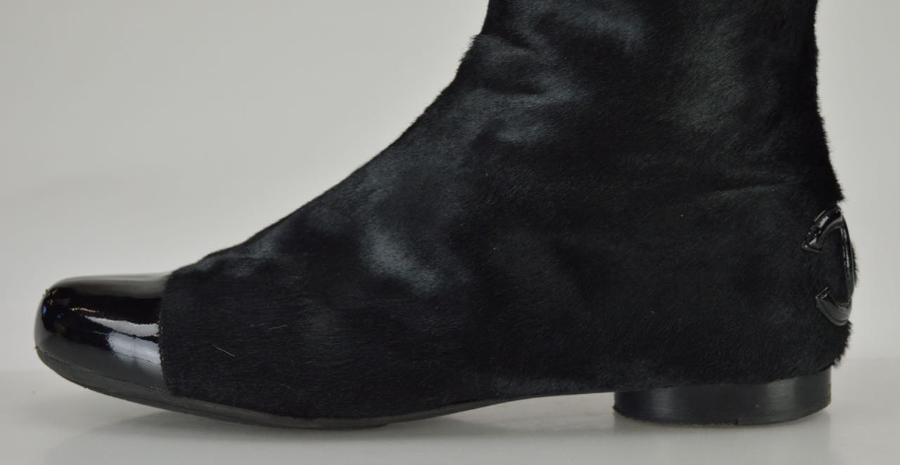 Chanel Black Pony Hair Boots with Patent Leather Cap Toes