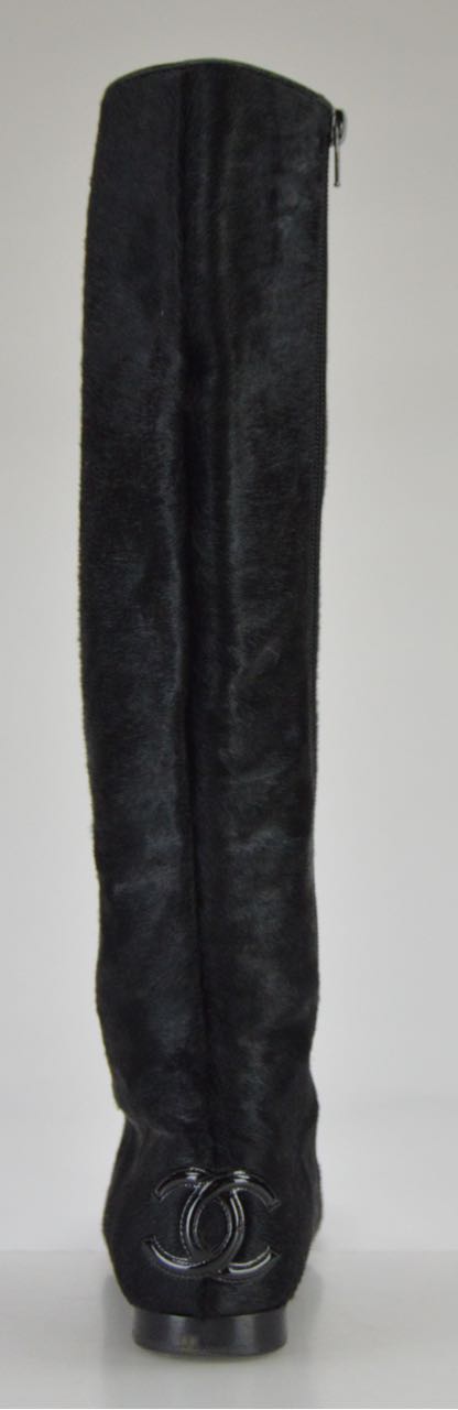 Chanel Black Pony Hair Boots with Patent Leather Cap Toes