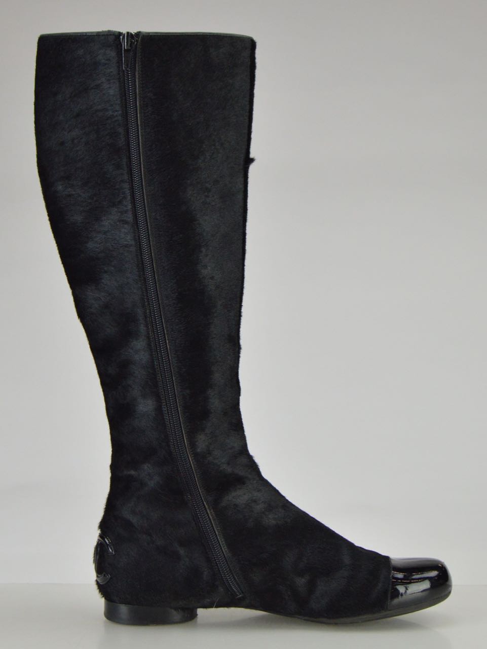 Chanel Black Pony Hair Boots with Patent Leather Cap Toes