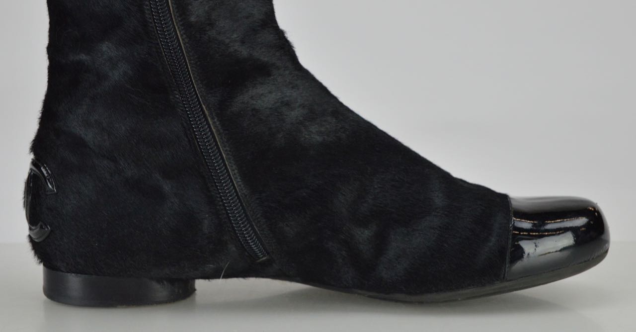 Chanel Black Pony Hair Boots with Patent Leather Cap Toes