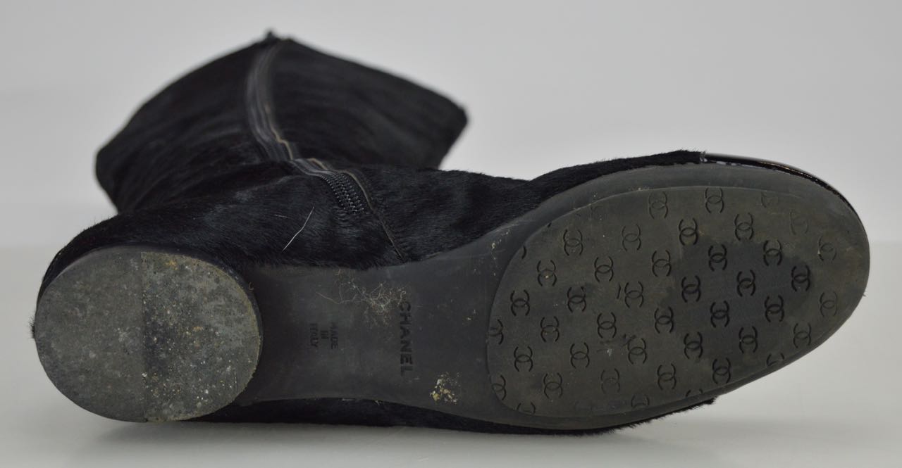 Chanel Black Pony Hair Boots with Patent Leather Cap Toes