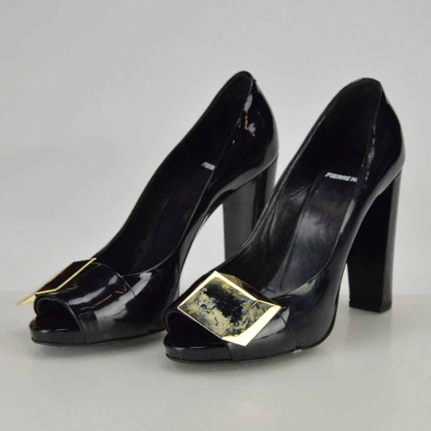 Pierre Hardey Black Patent Leather Peep Toe Pumps