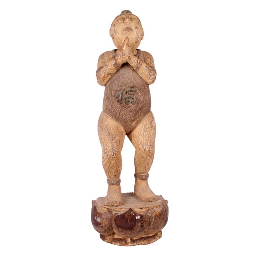 Late 19th Century Chinese Carved Wood "Good Fortune" Child Statue